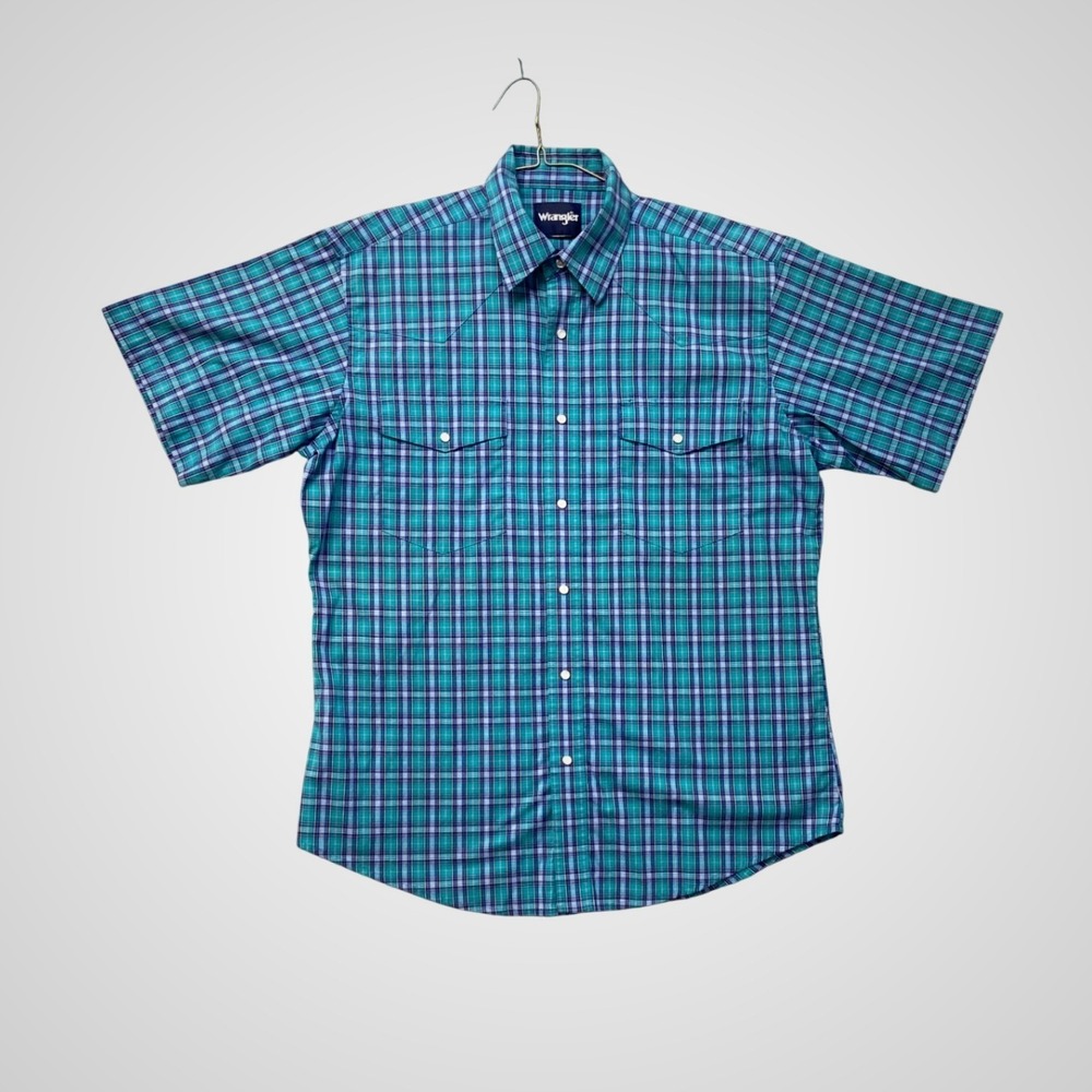 Wrangler Western Shirt Mens M Teal Blue Plaid Excellent Pearl Snap Short Sleeve